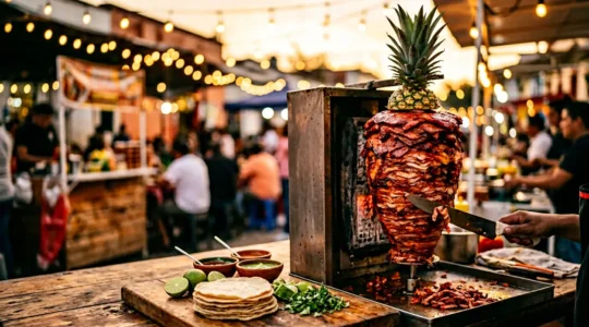 Trompo de tacos al pastor avec viande marinée rouge et ananas au sommet, sur fond de stand de rue mexicain
