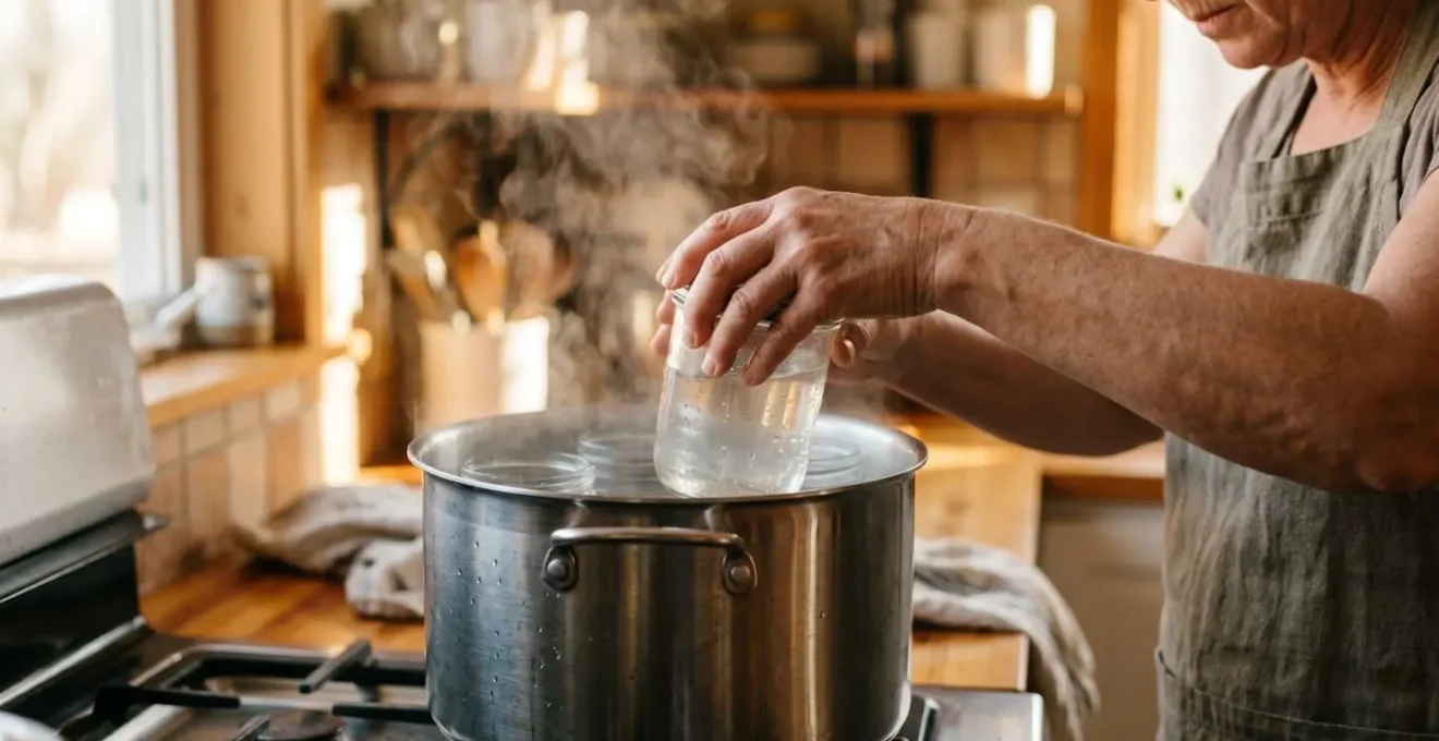 Scène de stérilisation de bocaux dans une grande marmite d'eau bouillante selon la méthode traditionnelle