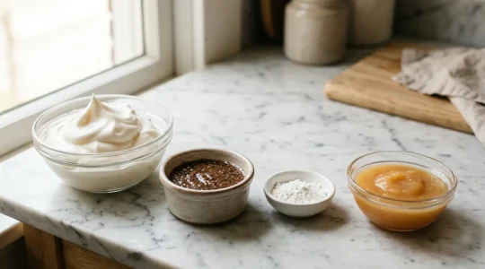 Arrangement créatif de substituts d'œufs végétaux pour la pâtisserie sans produits animaux