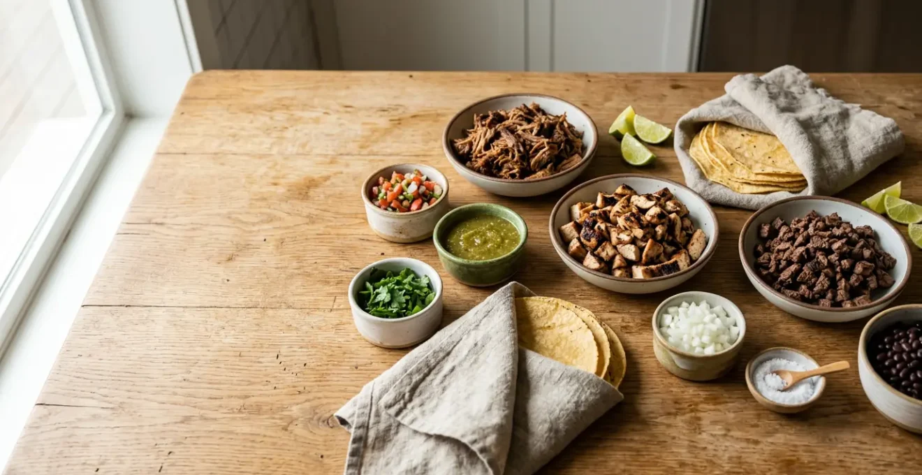 Table de cuisine présentant une variété d'ingrédients pour tacos avec protéines et sauces colorées