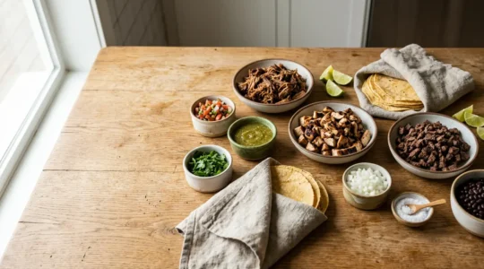 Table de cuisine présentant une variété d'ingrédients pour tacos avec protéines et sauces colorées