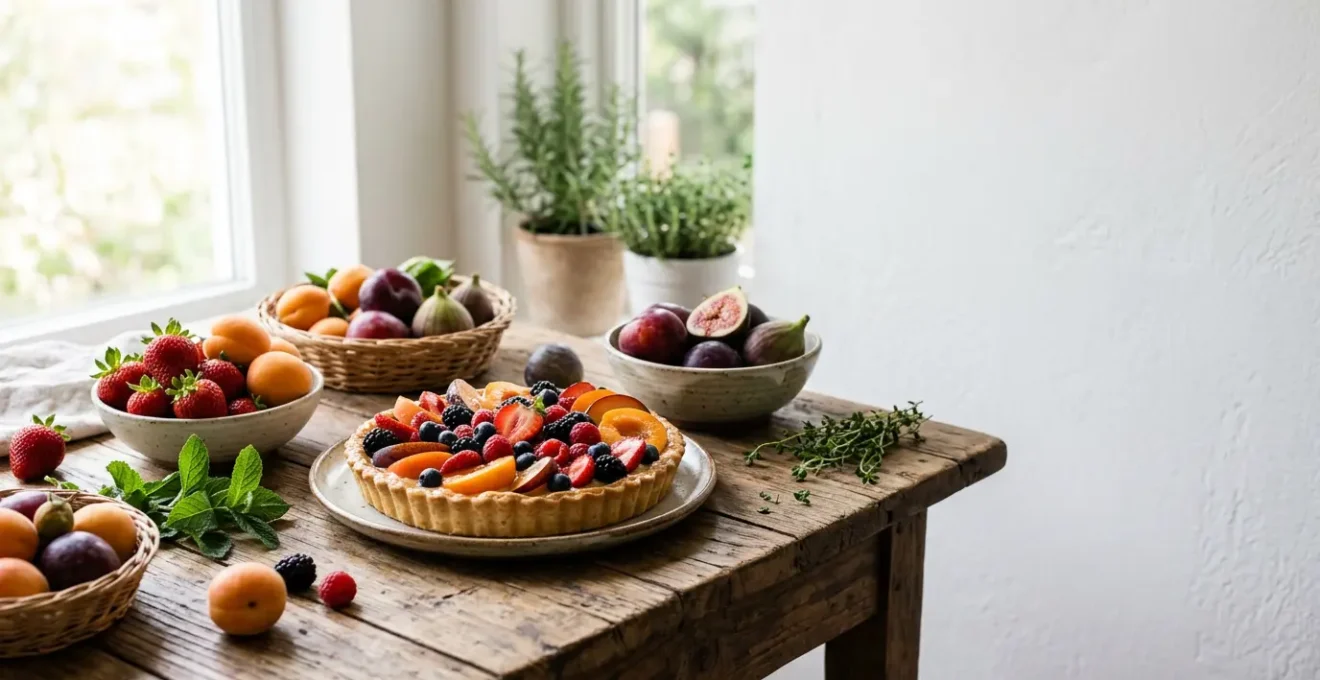 Assortiment de tartes aux fruits de saison dans une composition éditoriale épurée