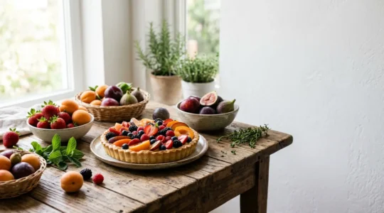 Assortiment de tartes aux fruits de saison dans une composition éditoriale épurée
