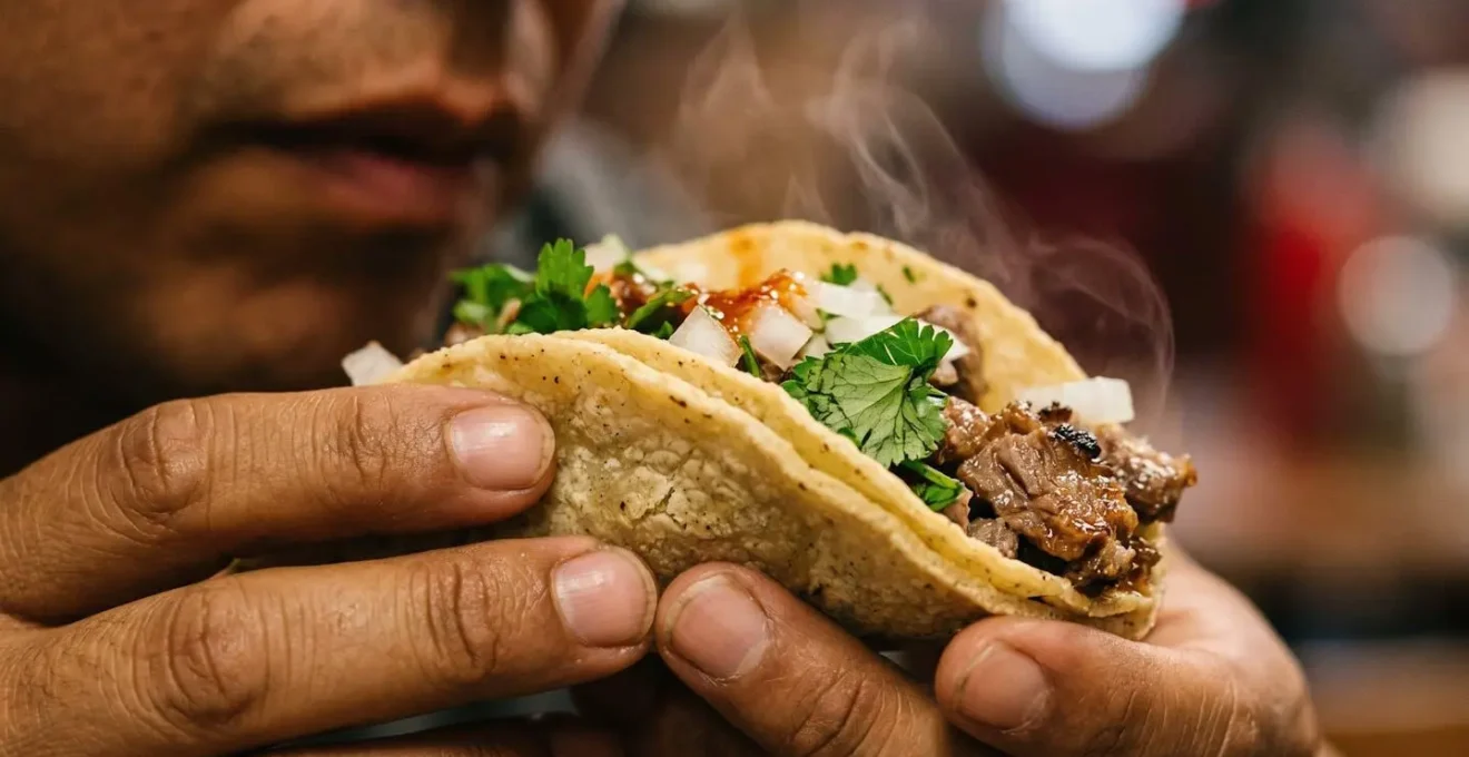 Gros plan sur des mains tenant un taco avec la technique de la double tortilla