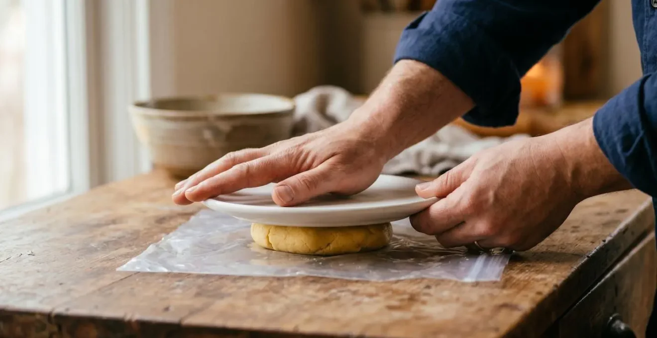 Mains pressant doucement une boule de pâte de maïs entre deux plastiques