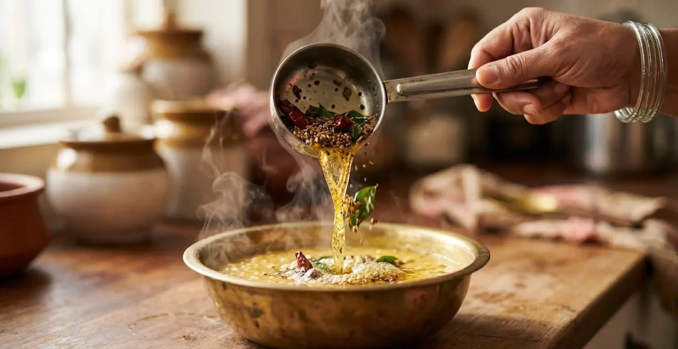 Technique du tadka indien montrant des épices entières en train de crépiter dans du ghee chaud pour libérer leurs huiles essentielles