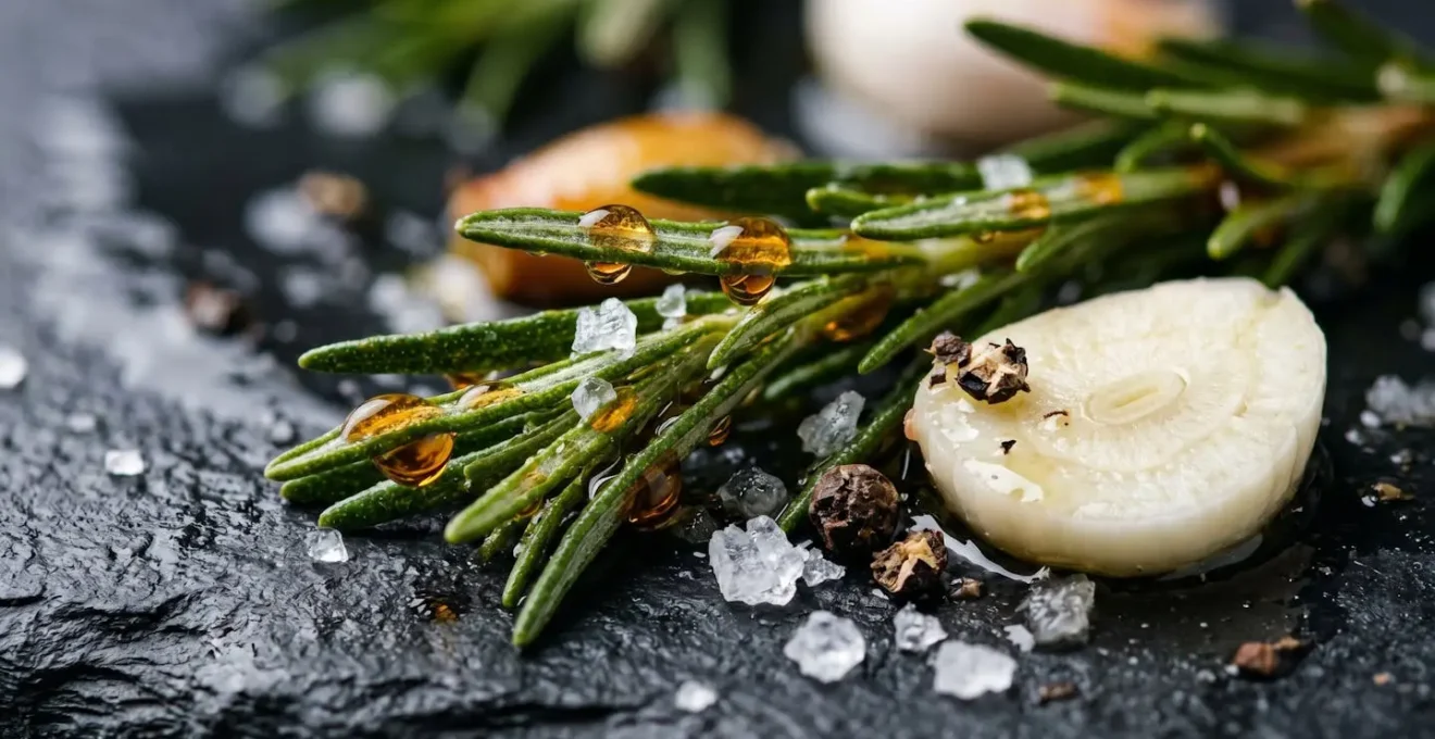 Détails macro des textures et ingrédients d'une marinade parfaite avec herbes et épices