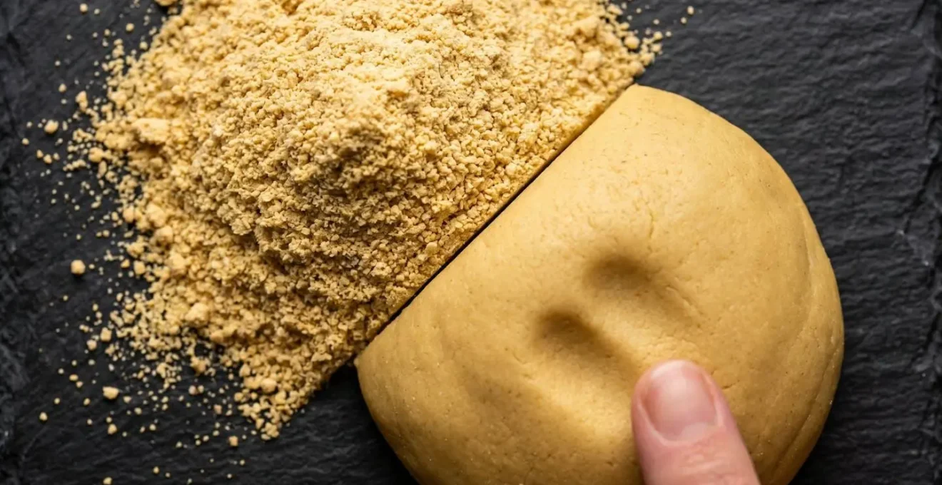 Gros plan sur la texture granuleuse de la masa harina et une pâte de maïs hydratée