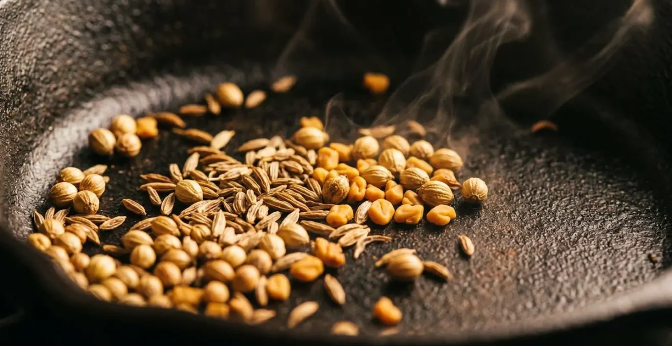 Gros plan sur des graines d'épices entières en train de torréfier dans une poêle en fonte, libérant leurs arômes complexes