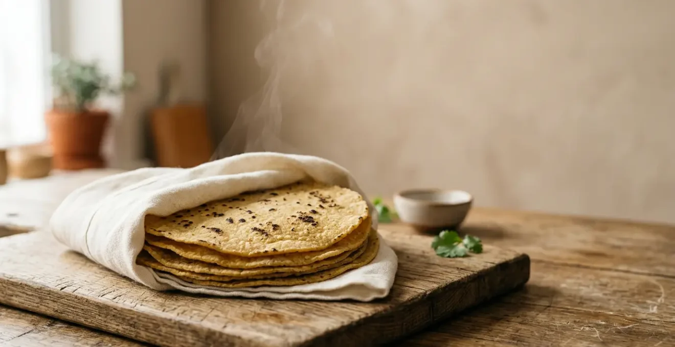 Tortillas de maïs dorées et souples empilées dans un torchon