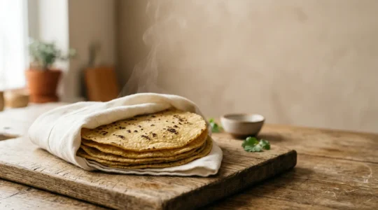 Tortillas de maïs dorées et souples empilées dans un torchon
