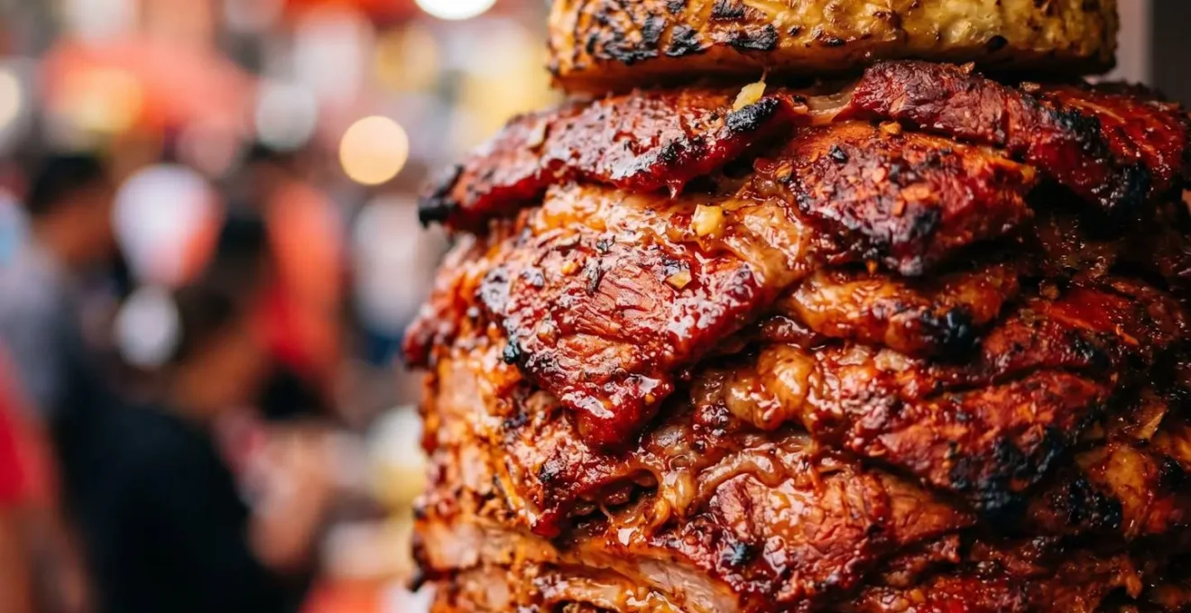 Gros plan macro sur les tranches de viande de porc marinée empilées sur un trompo avec reflets d'épices rouges