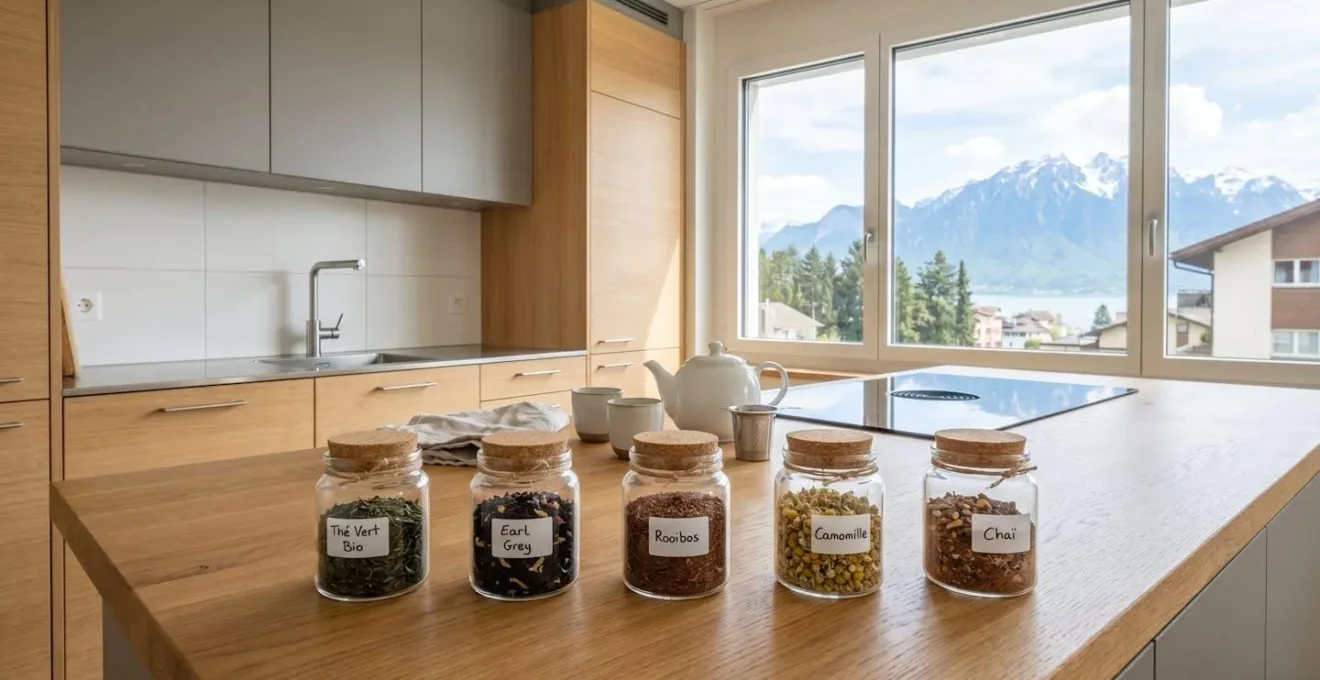 Cinq bocaux en verre transparent contenant différentes variétés de thé en vrac alignés sur un plan de travail en bois clair, dans une cuisine moderne baignée de lumière naturelle par une grande fenêtre