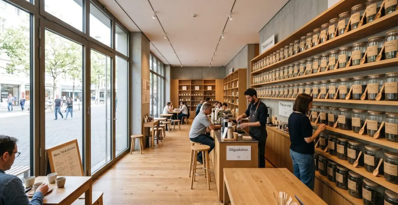 Intérieur lumineux d'une boutique de thé contemporaine avec étagères en bois clair et bocaux en verre alignés