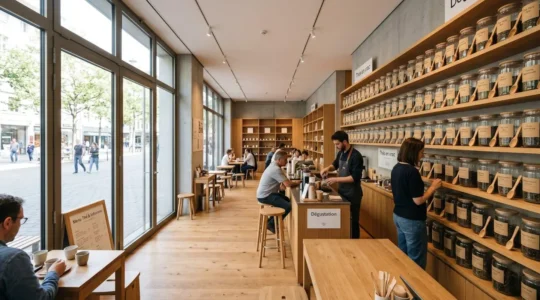 Intérieur lumineux d'une boutique de thé contemporaine avec étagères en bois clair et bocaux en verre alignés