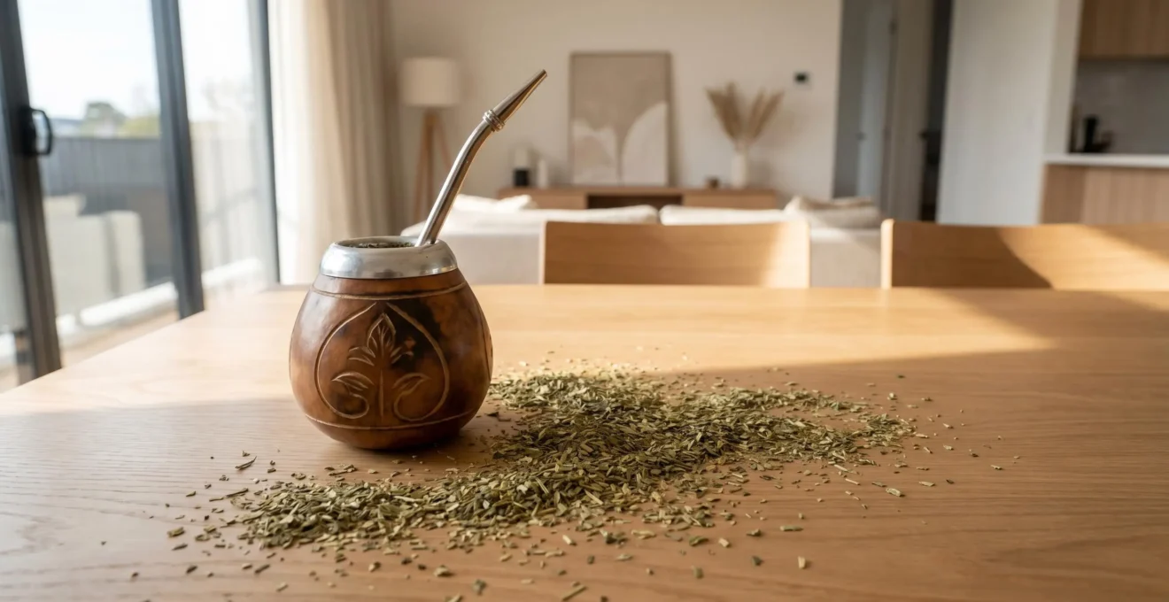 Une calebasse traditionnelle de maté avec sa bombilla métallique posée sur une table en bois, des feuilles séchées de yerba maté éparpillées autour dans une lumière douce