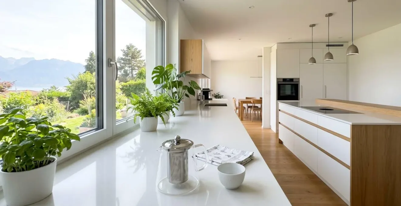 Vue large d'une cuisine contemporaine suisse avec une théière en verre posée sur un comptoir épuré, lumière naturelle abondante par la fenêtre et plantes vertes en décoration
