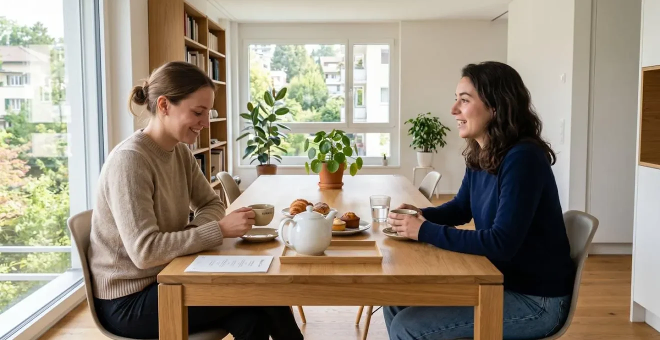 Deux personnes vues de profil partagent un moment calme autour d'une table contemporaine avec des tasses de thé, lumière naturelle douce