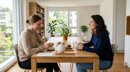 Deux personnes vues de profil partagent un moment calme autour d'une table contemporaine avec des tasses de thé, lumière naturelle douce