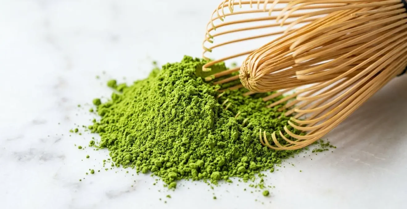 Gros plan macro sur de la poudre de matcha vert vif disposée sur une surface en marbre blanc avec un fouet en bambou traditionnel, lumière naturelle latérale créant des ombres douces
