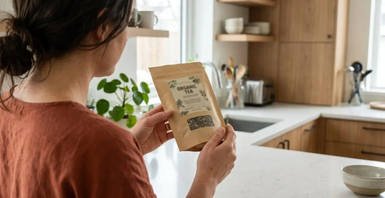 Mains d'une personne tenant et examinant un paquet de thé dans une cuisine lumineuse moderne vue de dos