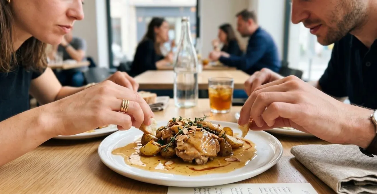 Deux mains vues de dessus partagent une assiette blanche contenant un plat nappé d'une sauce légèrement ambrée, dans un cadre de table moderne avec lumière naturelle douce