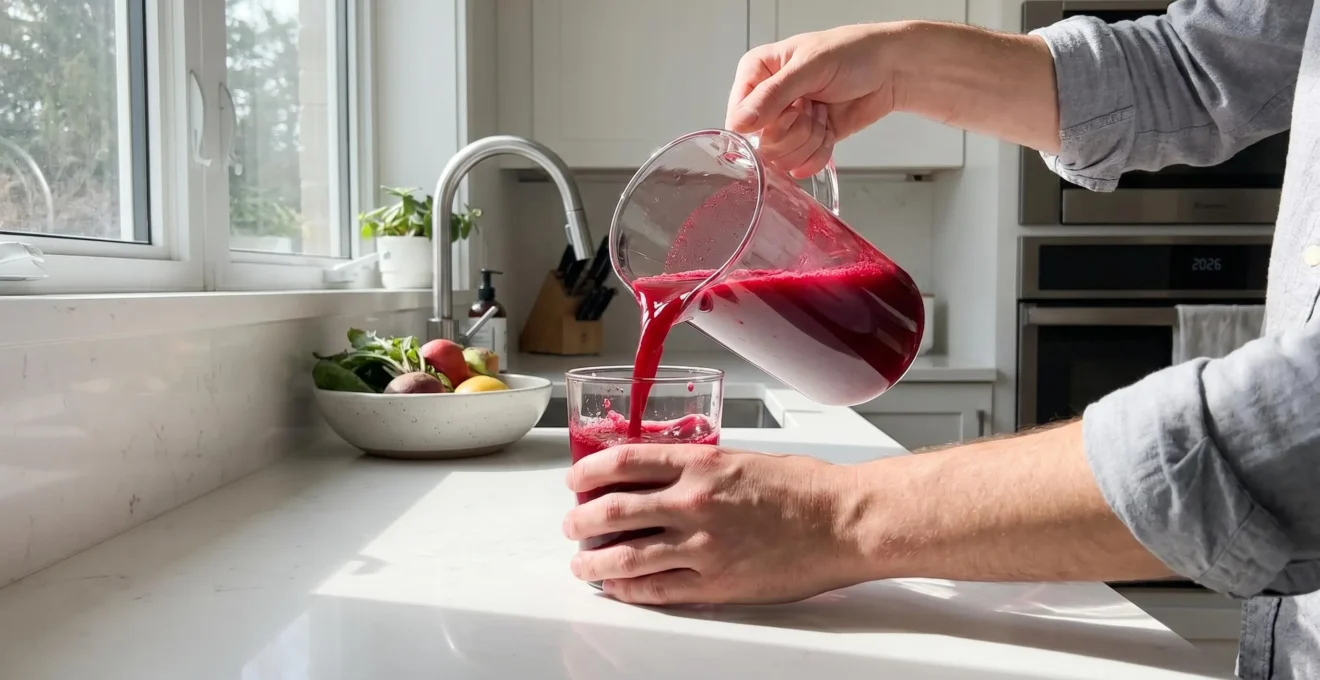 Des mains versent du jus de betterave rouge intense dans un verre transparent sur un plan de travail de cuisine moderne éclairée par la lumière naturelle