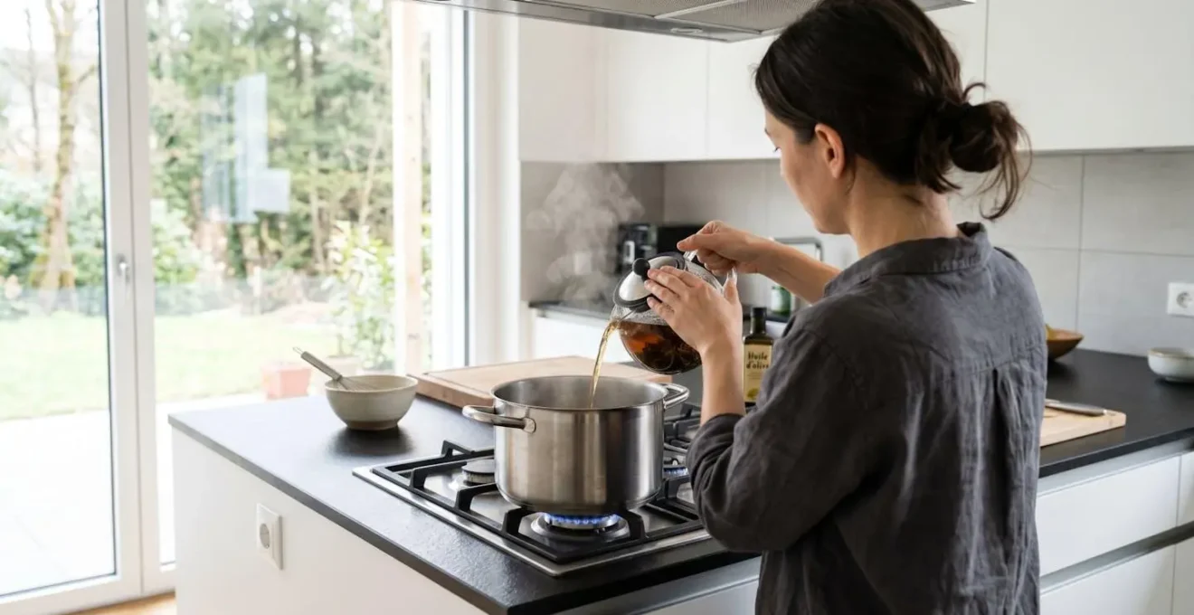 Une personne vue de dos verse du thé fraîchement infusé dans une casserole en inox posée sur une cuisinière à gaz, dans une cuisine contemporaine baignée de lumière naturelle