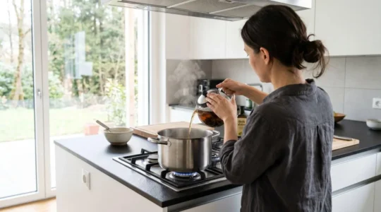 Une personne vue de dos verse du thé fraîchement infusé dans une casserole en inox posée sur une cuisinière à gaz, dans une cuisine contemporaine baignée de lumière naturelle