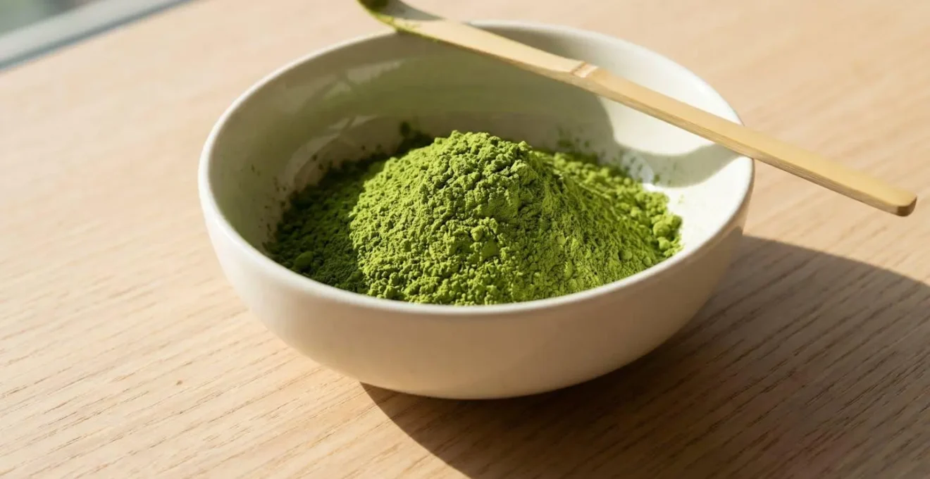 Gros plan sur de la poudre de matcha vert vif dans un bol en céramique blanche avec une cuillère en bambou, posé sur une surface en bois clair