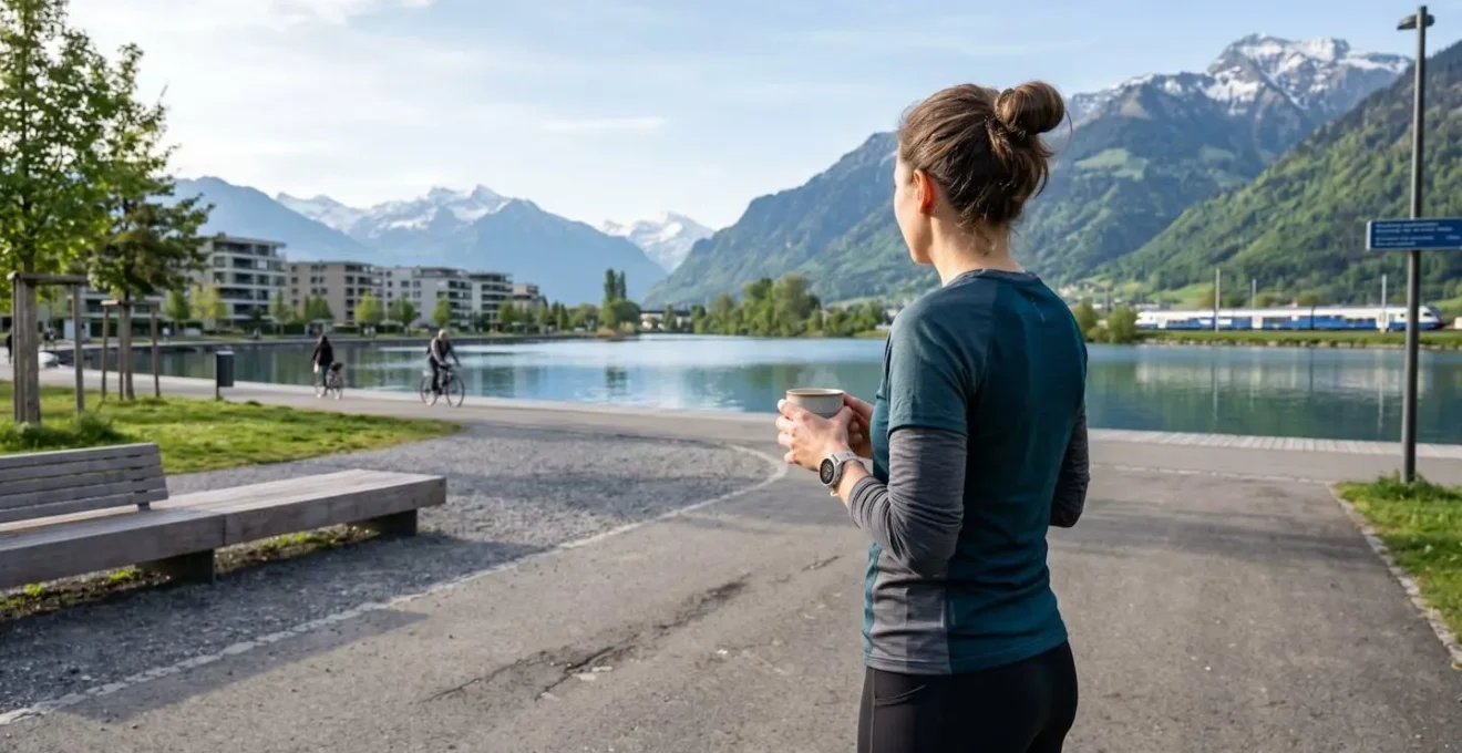 Un coureur vu de dos en tenue de running moderne tient une tasse de thé face au lac Léman par une matinée lumineuse