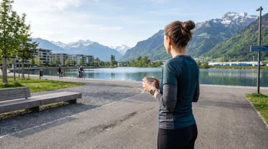 Un coureur vu de dos en tenue de running moderne tient une tasse de thé face au lac Léman par une matinée lumineuse
