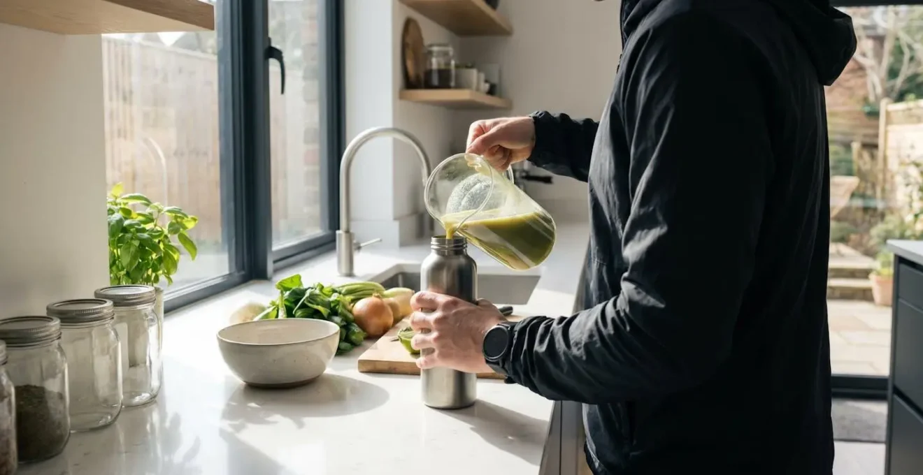Un sportif en tenue d'entraînement verse une boisson verte dans une gourde réutilisable, dans une cuisine moderne éclairée par la lumière du matin