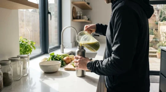 Un sportif en tenue d'entraînement verse une boisson verte dans une gourde réutilisable, dans une cuisine moderne éclairée par la lumière du matin