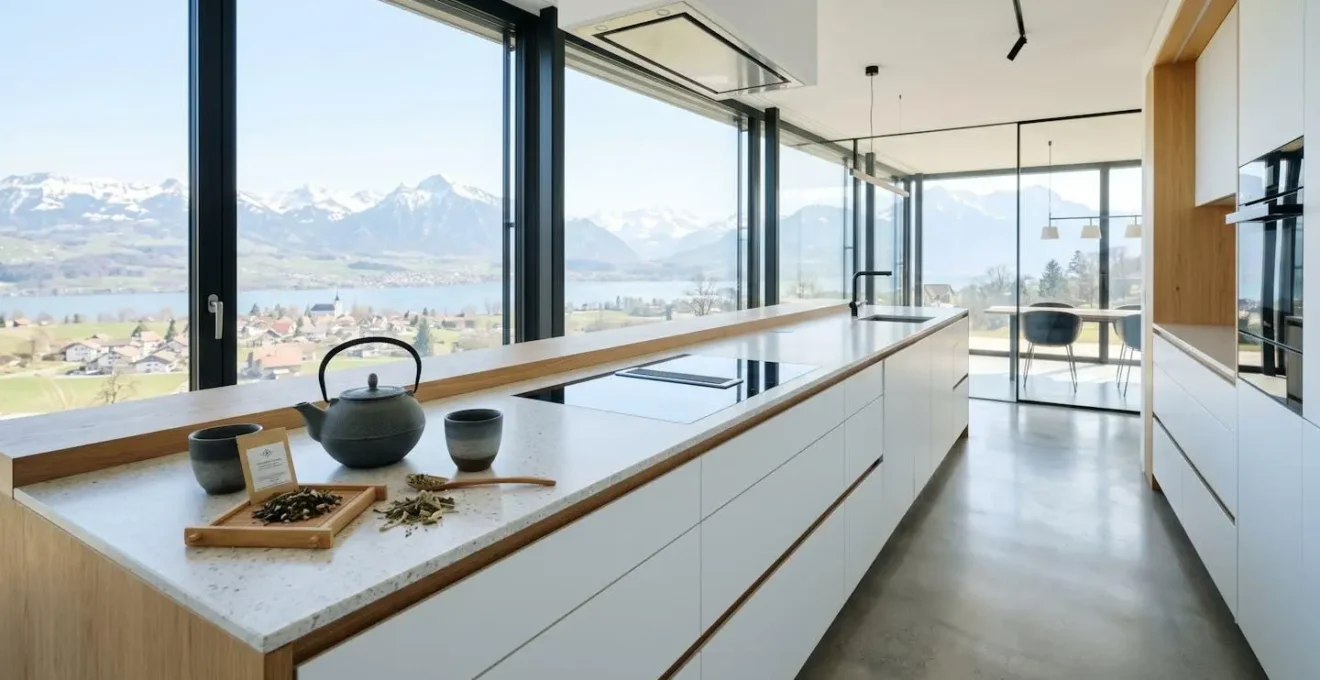 Vue large d'un comptoir de cuisine suisse moderne avec une théière et des tasses visibles sur un plan de travail épuré, lumière naturelle abondante