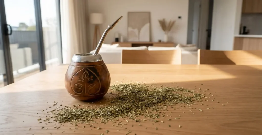 Une calebasse traditionnelle de maté avec sa bombilla métallique posée sur une table en bois, des feuilles séchées de yerba maté éparpillées autour dans une lumière douce